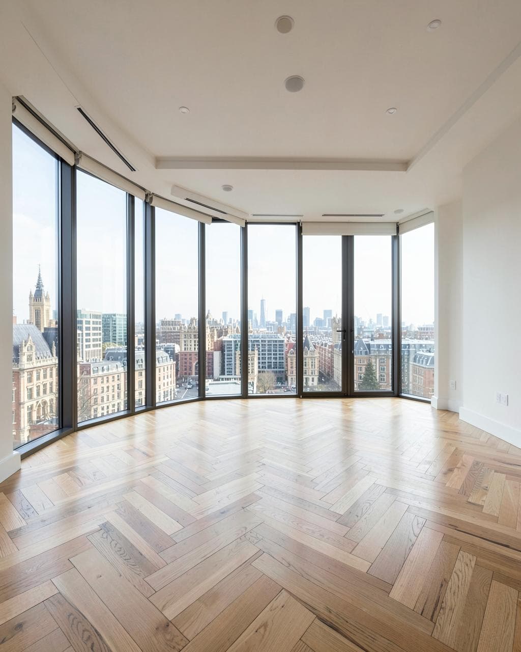 Empty high-end apartment with parquet floors overlooking the London skyline